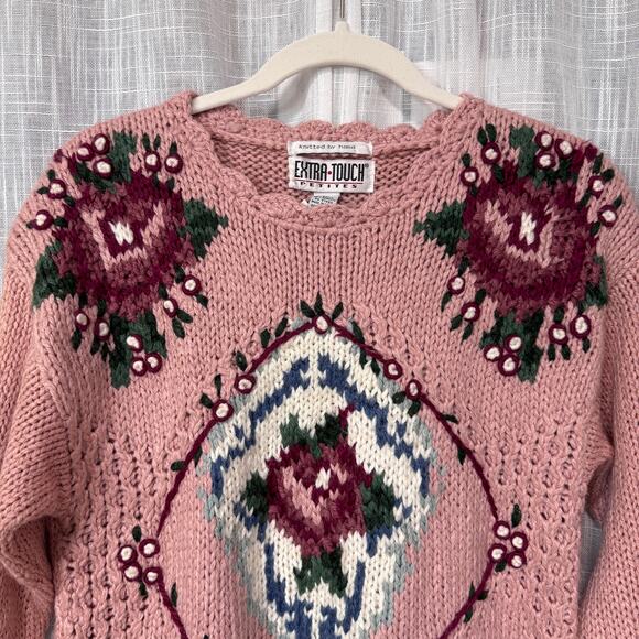 VTG Womens Chunky Knit Sweater L Petite Pink Mauve Rose Floral Granny Cottage - Picture 6 of 11